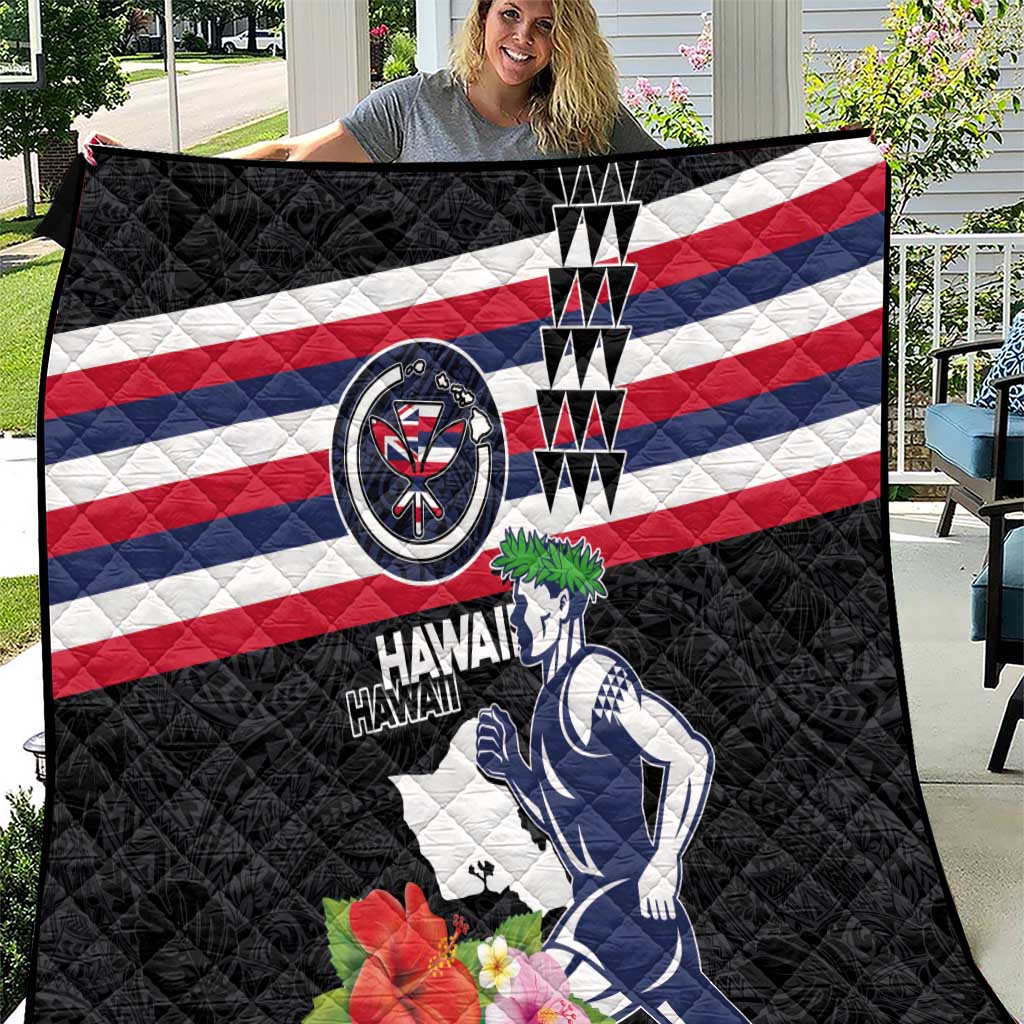 Honolulu Running Race Quilt Hawaii Marathon Kakau Art with Hibiscus and National Flag Style