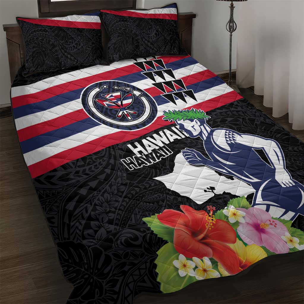 Honolulu Running Race Quilt Bed Set Hawaii Marathon Kakau Art with Hibiscus and National Flag Style