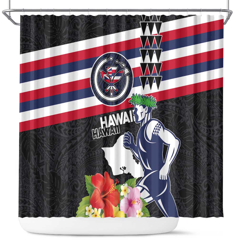 Honolulu Running Race Shower Curtain Hawaii Marathon Kakau Art with Hibiscus and National Flag Style