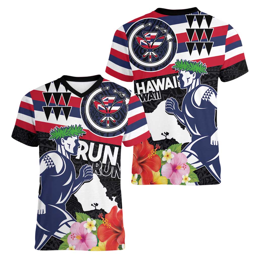 Honolulu Running Race Women V-Neck T-Shirt Hawaii Marathon Kakau Art with Hibiscus and National Flag Style