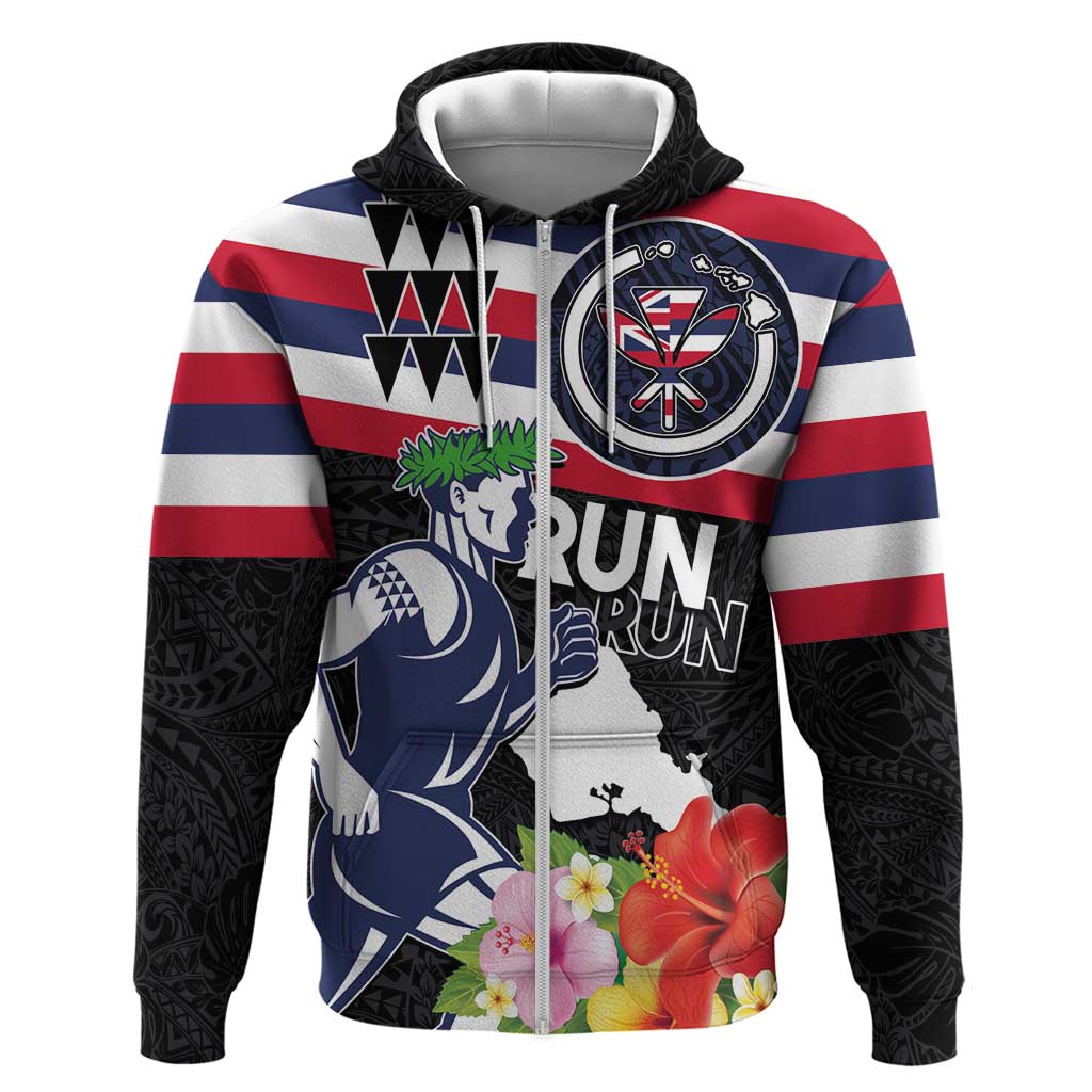 Honolulu Running Race Zip Hoodie Hawaii Marathon Kakau Art with Hibiscus and National Flag Style