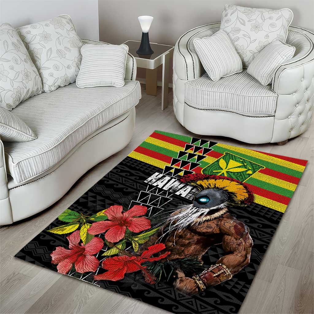 Kanaka Maoli Ikaika Warrior Area Rug Hibiscus Kakau Art and Tapa Tribal Pattern