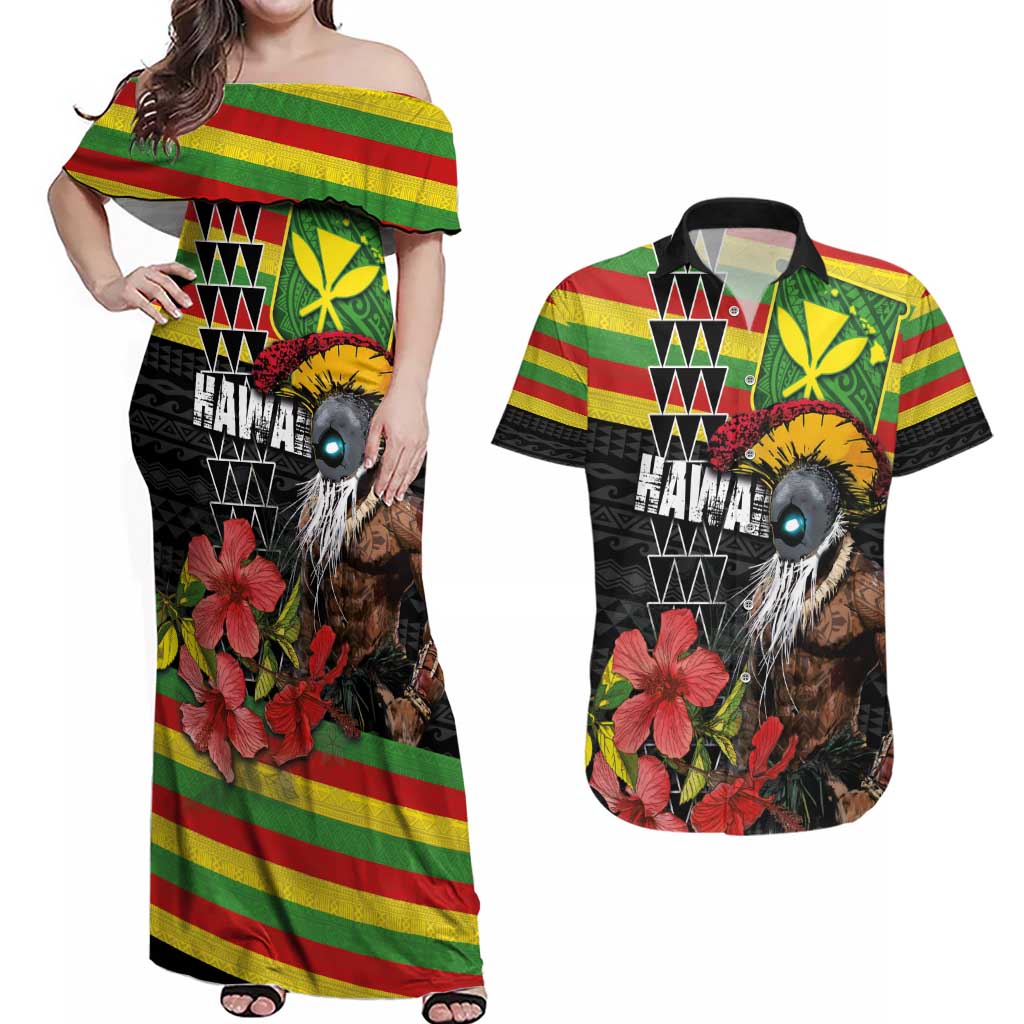 Kanaka Maoli Ikaika Warrior Couples Matching Off Shoulder Maxi Dress and Hawaiian Shirt Hibiscus Kakau Art and Tapa Tribal Pattern