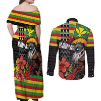 Kanaka Maoli Ikaika Warrior Couples Matching Off Shoulder Maxi Dress and Long Sleeve Button Shirt Hibiscus Kakau Art and Tapa Tribal Pattern