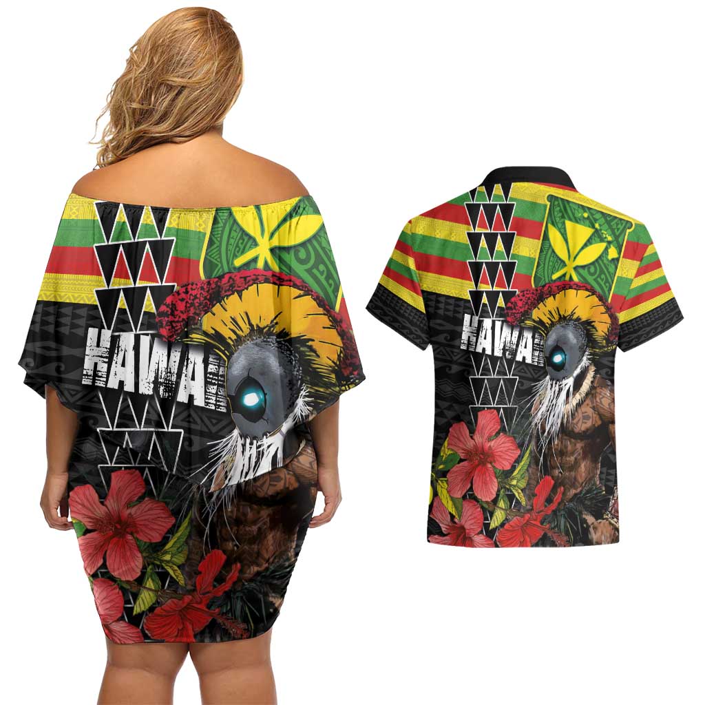 Kanaka Maoli Ikaika Warrior Couples Matching Off Shoulder Short Dress and Hawaiian Shirt Hibiscus Kakau Art and Tapa Tribal Pattern