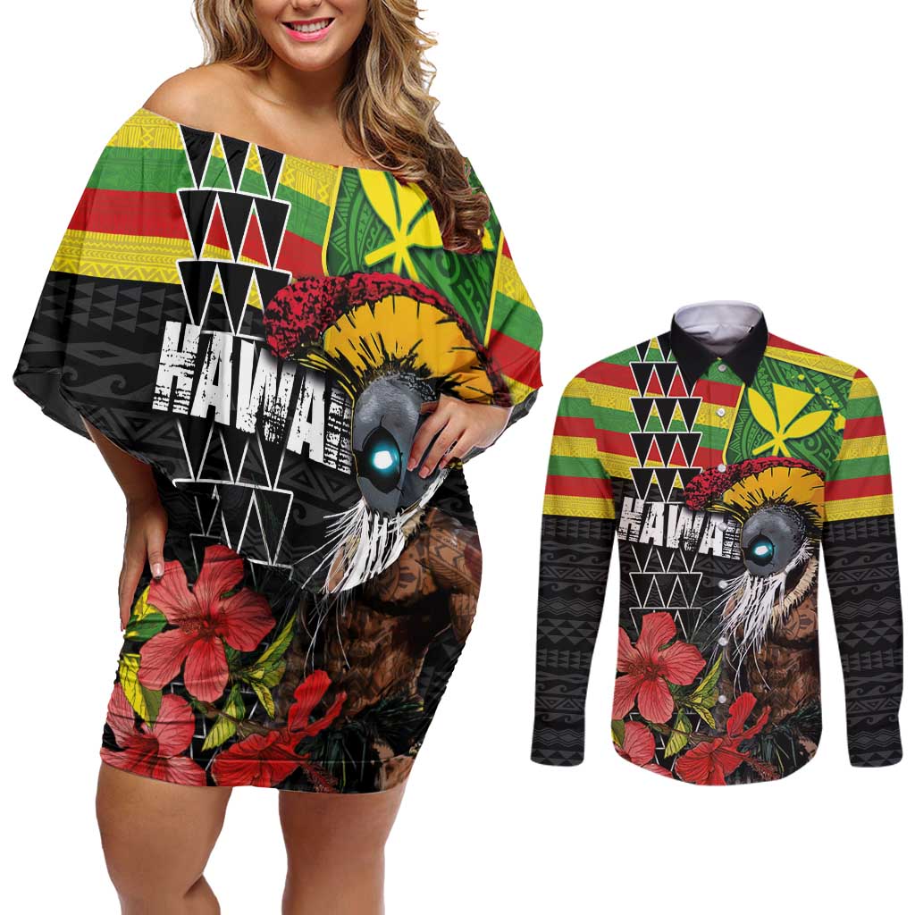 Kanaka Maoli Ikaika Warrior Couples Matching Off Shoulder Short Dress and Long Sleeve Button Shirt Hibiscus Kakau Art and Tapa Tribal Pattern