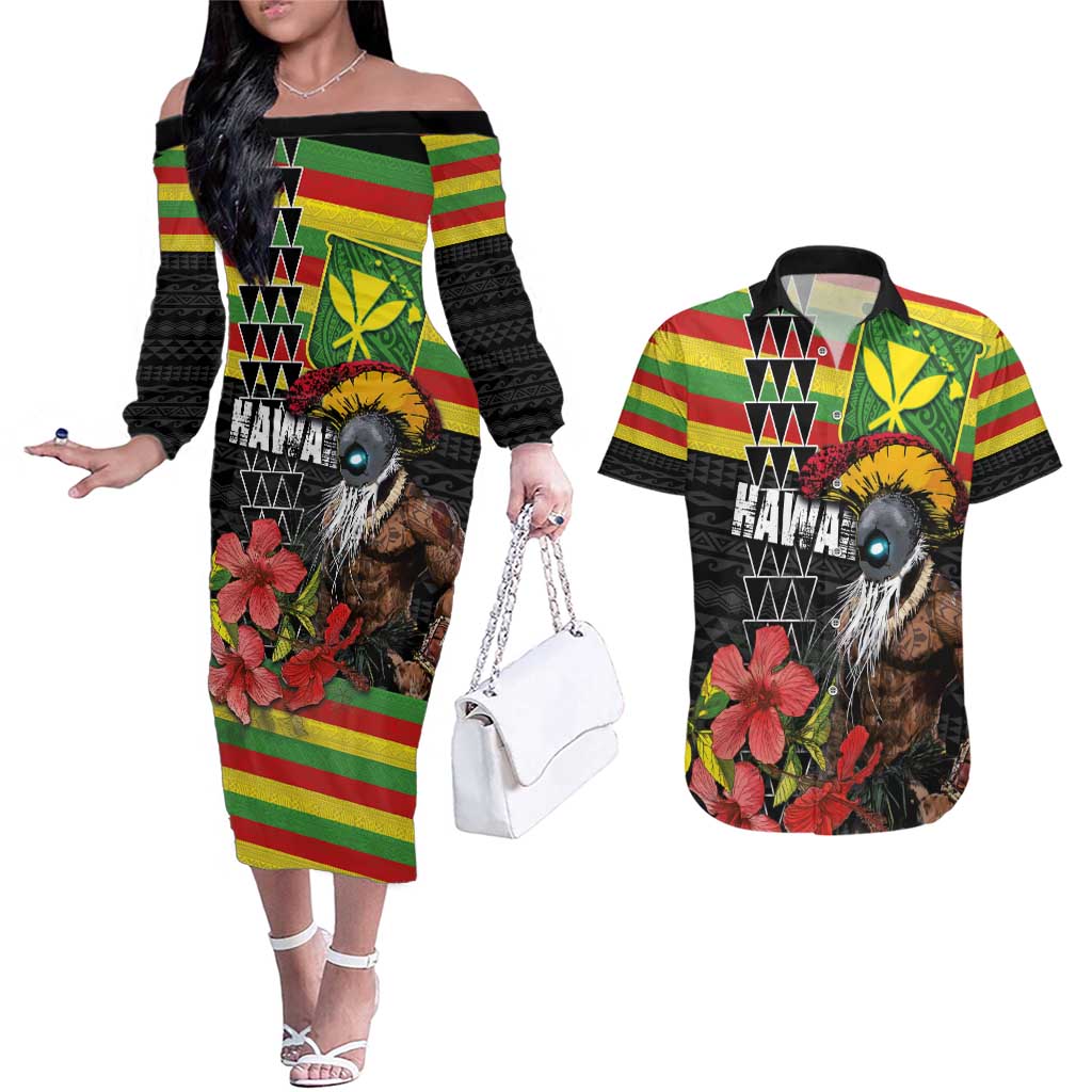 Kanaka Maoli Ikaika Warrior Couples Matching Off The Shoulder Long Sleeve Dress and Hawaiian Shirt Hibiscus Kakau Art and Tapa Tribal Pattern