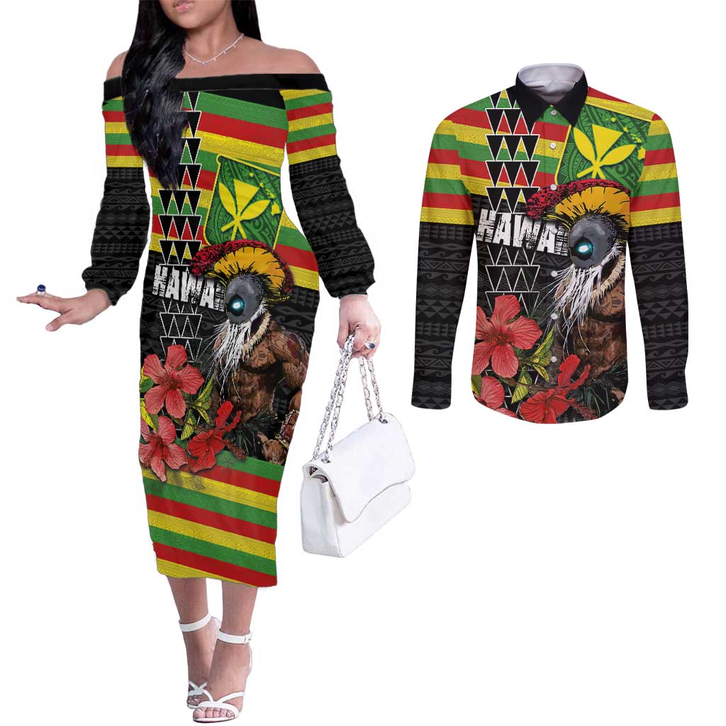 Kanaka Maoli Ikaika Warrior Couples Matching Off The Shoulder Long Sleeve Dress and Long Sleeve Button Shirt Hibiscus Kakau Art and Tapa Tribal Pattern