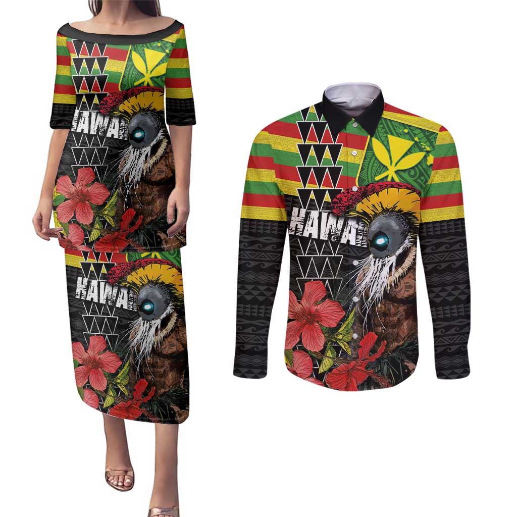 Kanaka Maoli Ikaika Warrior Couples Matching Puletasi and Long Sleeve Button Shirt Hibiscus Kakau Art and Tapa Tribal Pattern