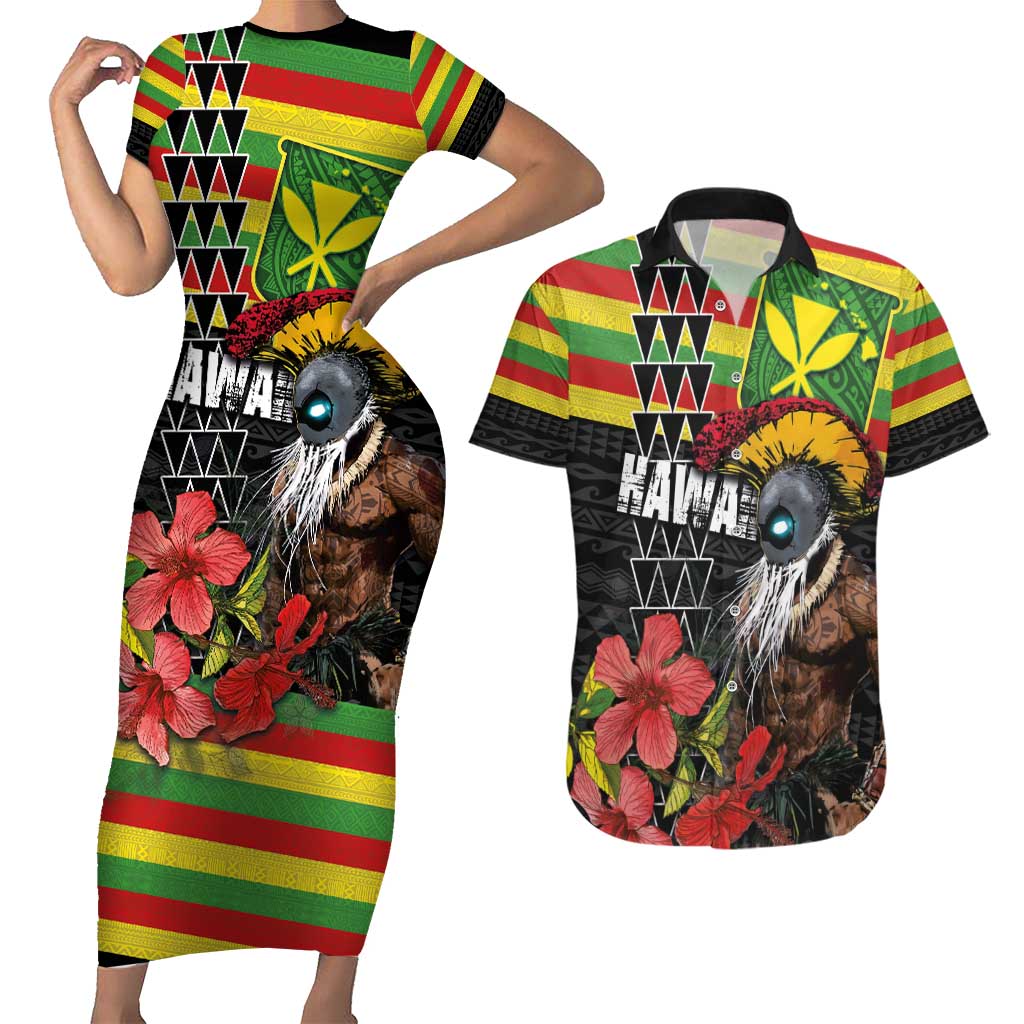 Kanaka Maoli Ikaika Warrior Couples Matching Short Sleeve Bodycon Dress and Hawaiian Shirt Hibiscus Kakau Art and Tapa Tribal Pattern