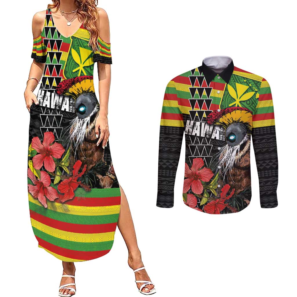 Kanaka Maoli Ikaika Warrior Couples Matching Summer Maxi Dress and Long Sleeve Button Shirt Hibiscus Kakau Art and Tapa Tribal Pattern