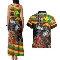 Kanaka Maoli Ikaika Warrior Couples Matching Tank Maxi Dress and Hawaiian Shirt Hibiscus Kakau Art and Tapa Tribal Pattern