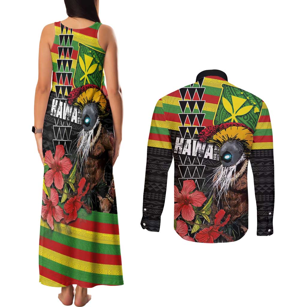 Kanaka Maoli Ikaika Warrior Couples Matching Tank Maxi Dress and Long Sleeve Button Shirt Hibiscus Kakau Art and Tapa Tribal Pattern