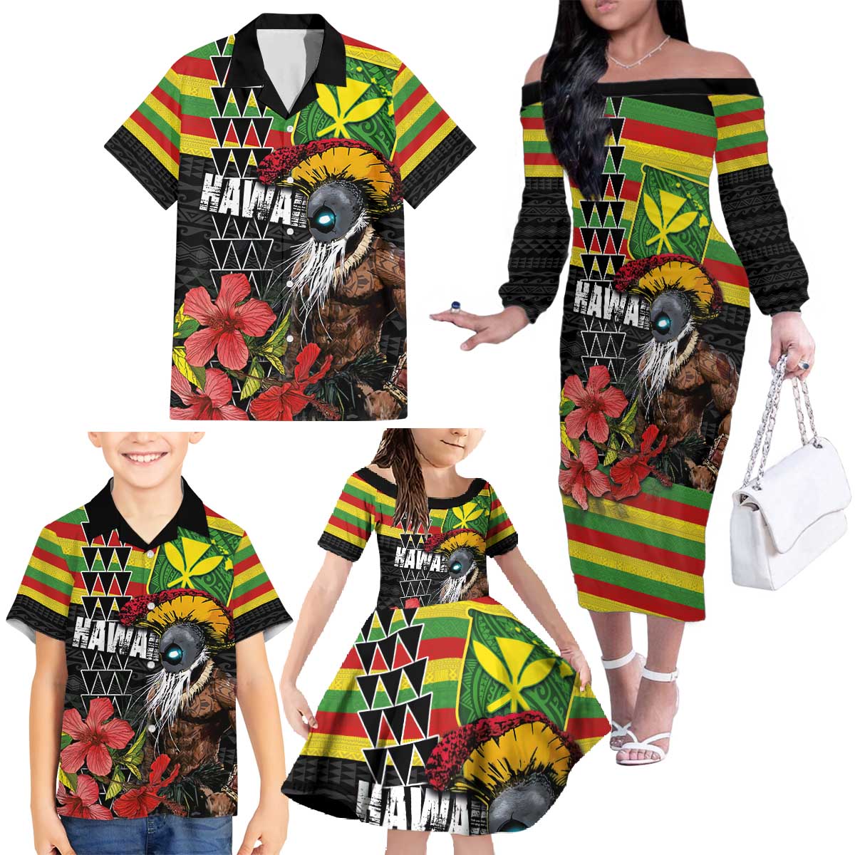 Kanaka Maoli Ikaika Warrior Family Matching Off The Shoulder Long Sleeve Dress and Hawaiian Shirt Hibiscus Kakau Art and Tapa Tribal Pattern