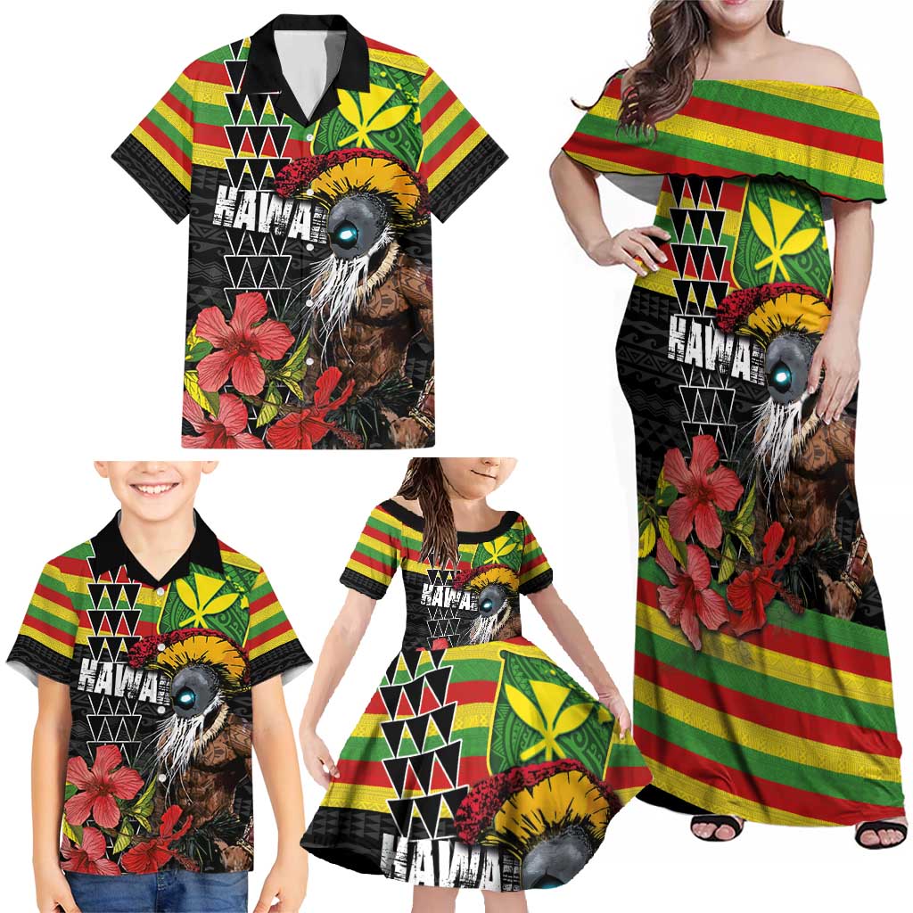 Kanaka Maoli Ikaika Warrior Family Matching Off Shoulder Maxi Dress and Hawaiian Shirt Hibiscus Kakau Art and Tapa Tribal Pattern