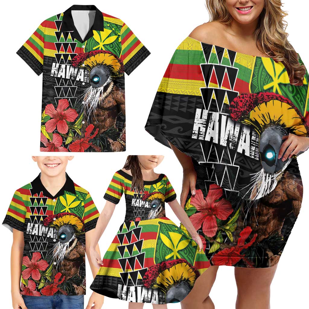 Kanaka Maoli Ikaika Warrior Family Matching Off Shoulder Short Dress and Hawaiian Shirt Hibiscus Kakau Art and Tapa Tribal Pattern