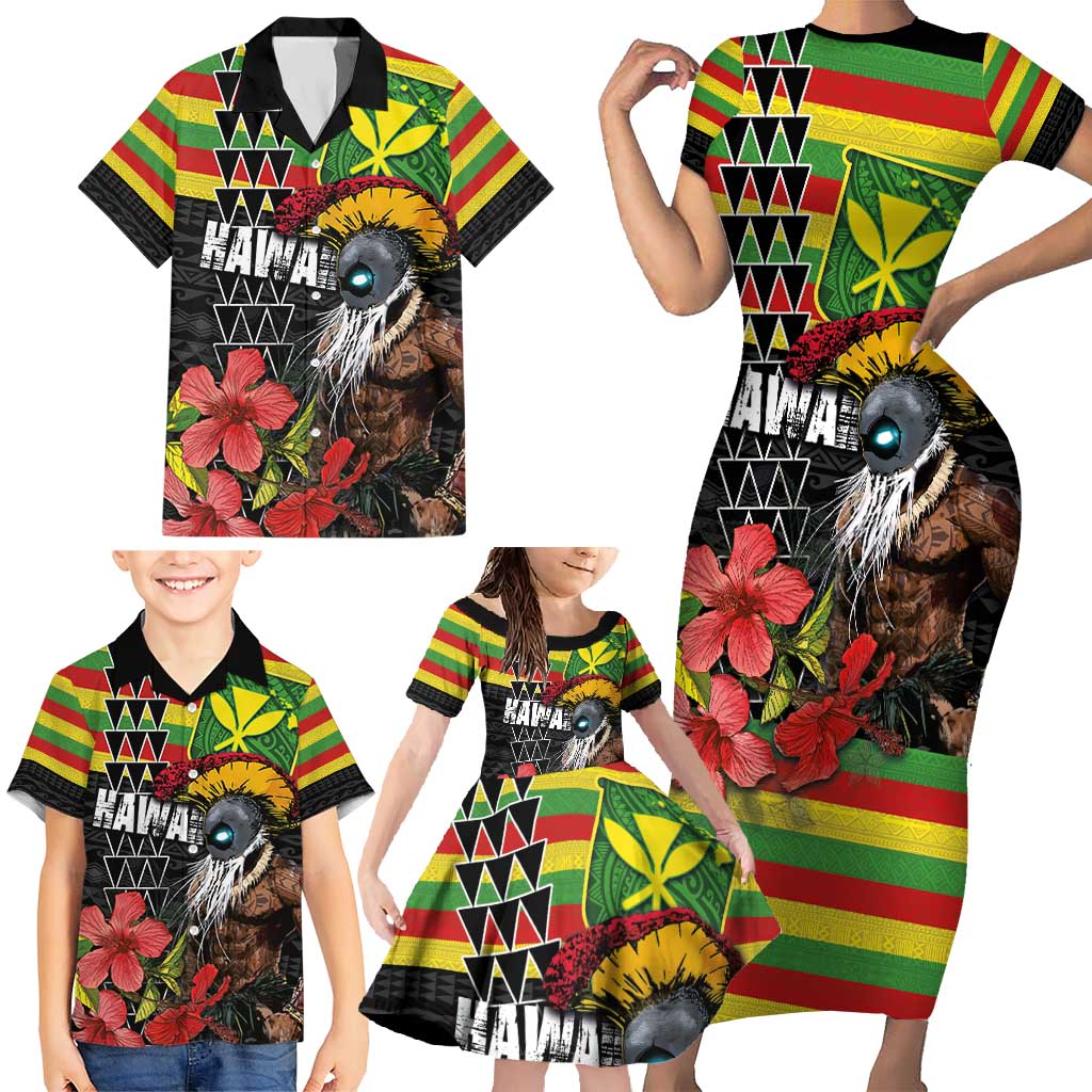 Kanaka Maoli Ikaika Warrior Family Matching Short Sleeve Bodycon Dress and Hawaiian Shirt Hibiscus Kakau Art and Tapa Tribal Pattern