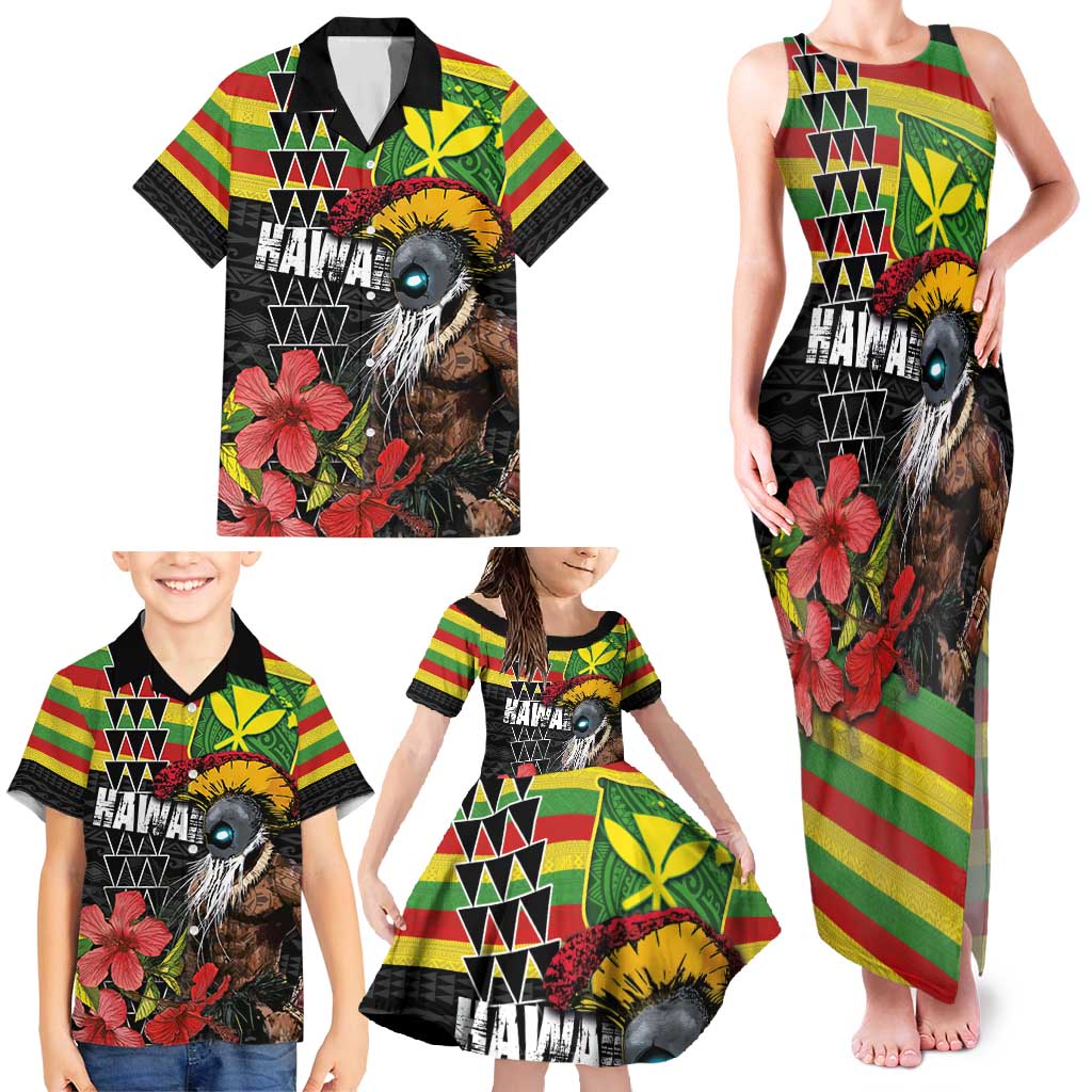 Kanaka Maoli Ikaika Warrior Family Matching Tank Maxi Dress and Hawaiian Shirt Hibiscus Kakau Art and Tapa Tribal Pattern