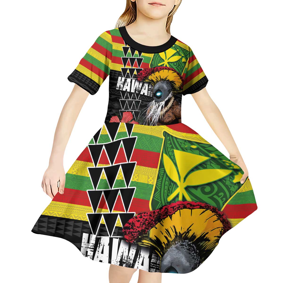 Kanaka Maoli Ikaika Warrior Kid Short Sleeve Dress Hibiscus Kakau Art and Tapa Tribal Pattern