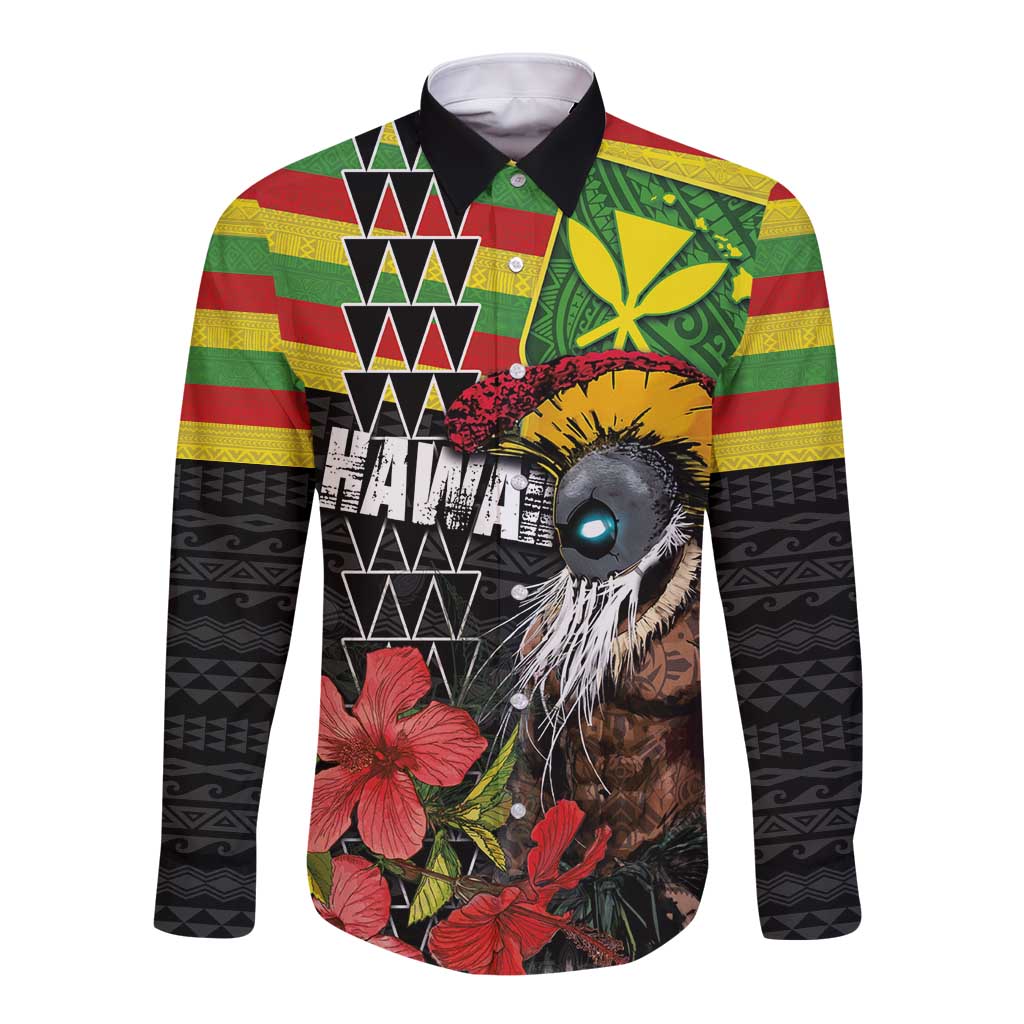 Kanaka Maoli Ikaika Warrior Long Sleeve Button Shirt Hibiscus Kakau Art and Tapa Tribal Pattern