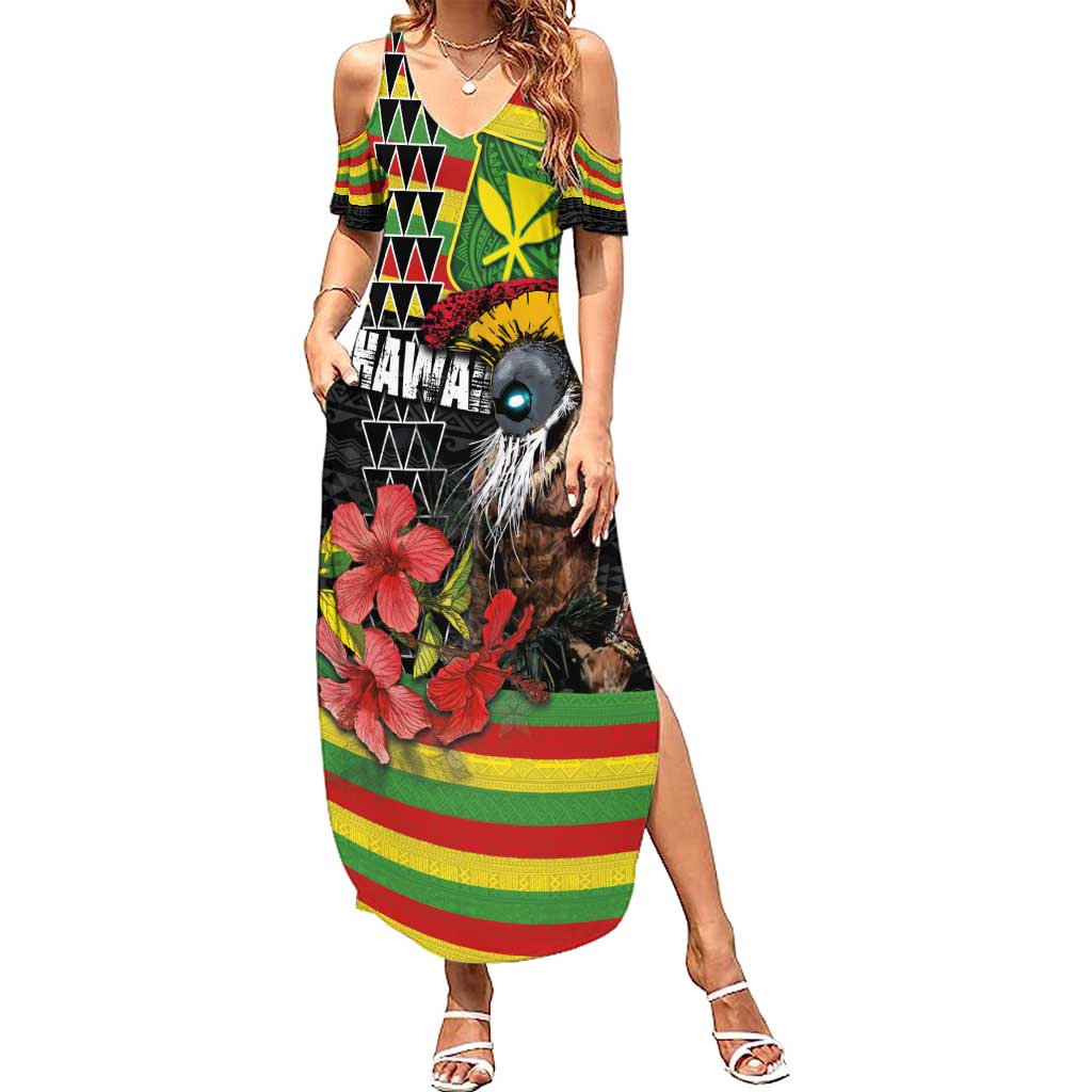 Kanaka Maoli Ikaika Warrior Summer Maxi Dress Hibiscus Kakau Art and Tapa Tribal Pattern