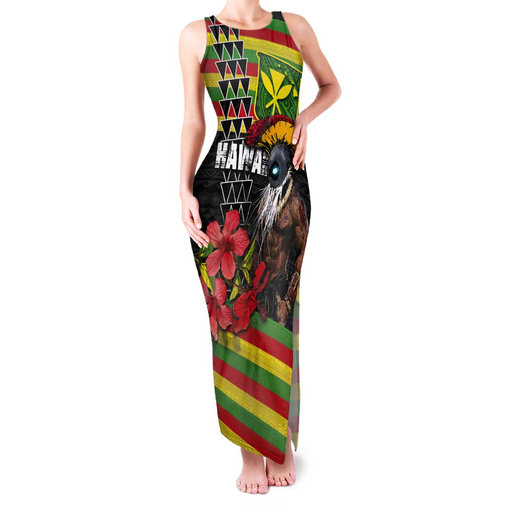 Kanaka Maoli Ikaika Warrior Tank Maxi Dress Hibiscus Kakau Art and Tapa Tribal Pattern