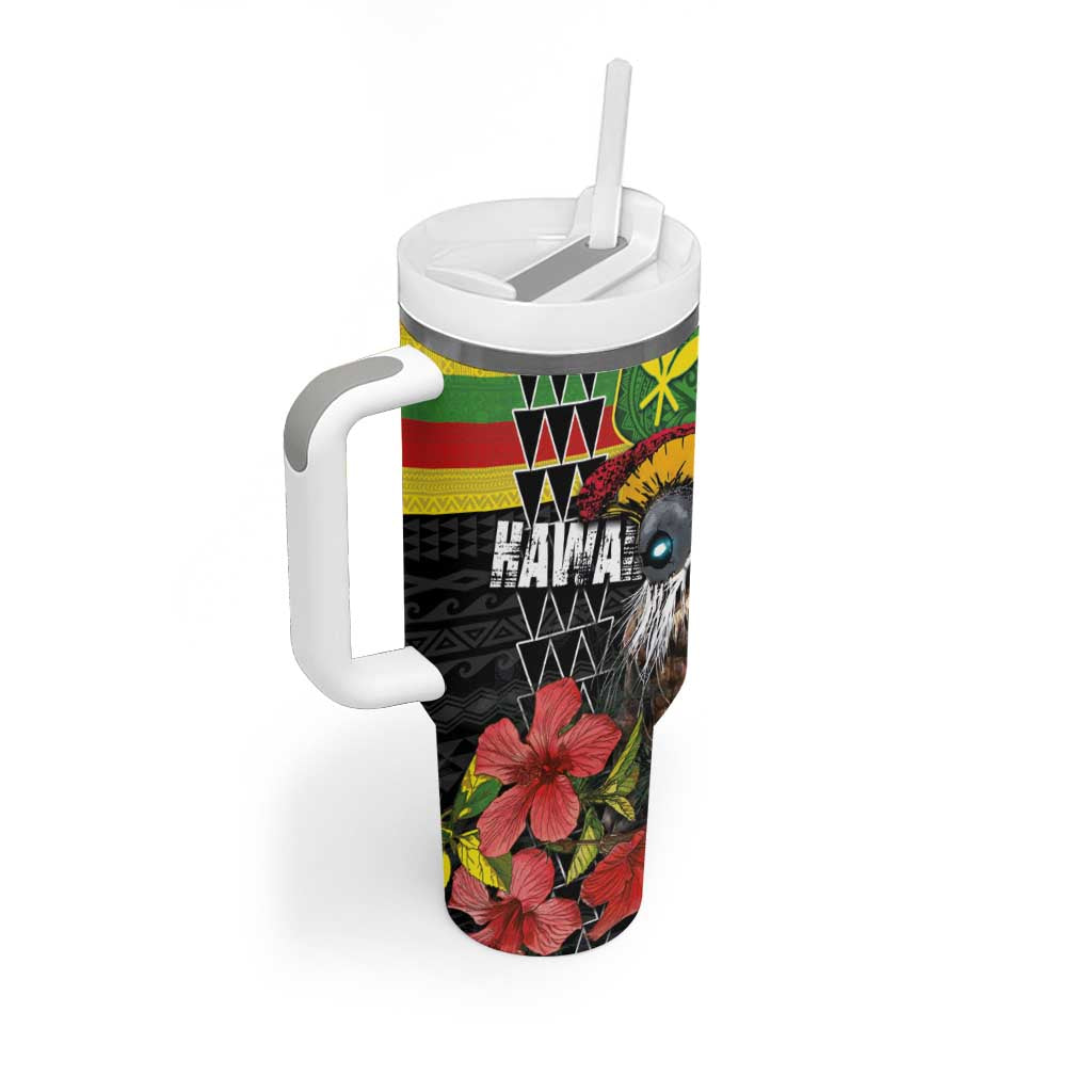 Kanaka Maoli Ikaika Warrior Tumbler With Handle Hibiscus Kakau Art and Tapa Tribal Pattern