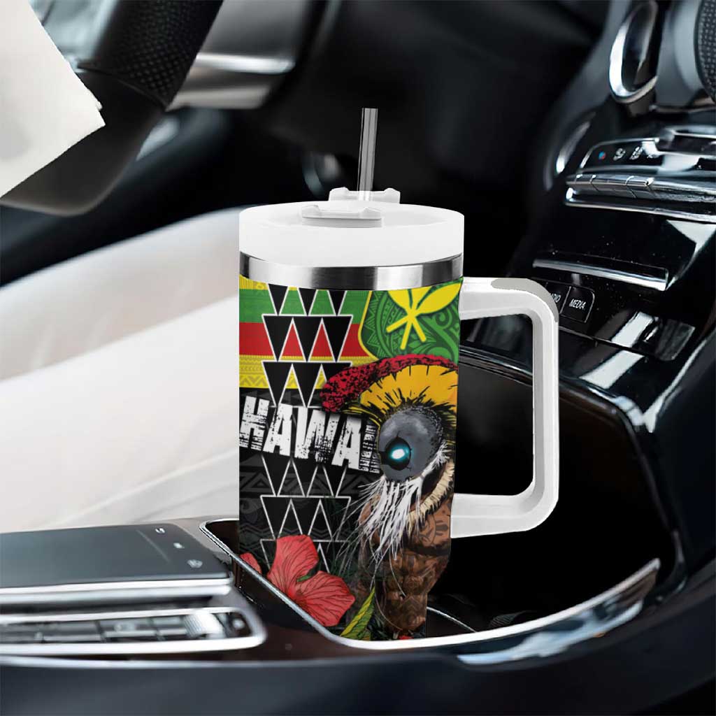 Kanaka Maoli Ikaika Warrior Tumbler With Handle Hibiscus Kakau Art and Tapa Tribal Pattern