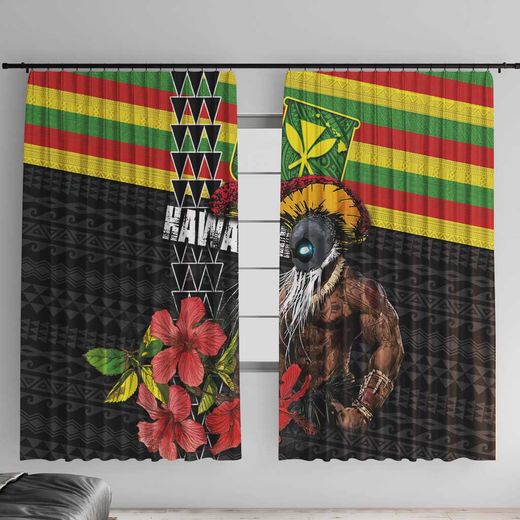 Kanaka Maoli Ikaika Warrior Window Curtain Hibiscus Kakau Art and Tapa Tribal Pattern