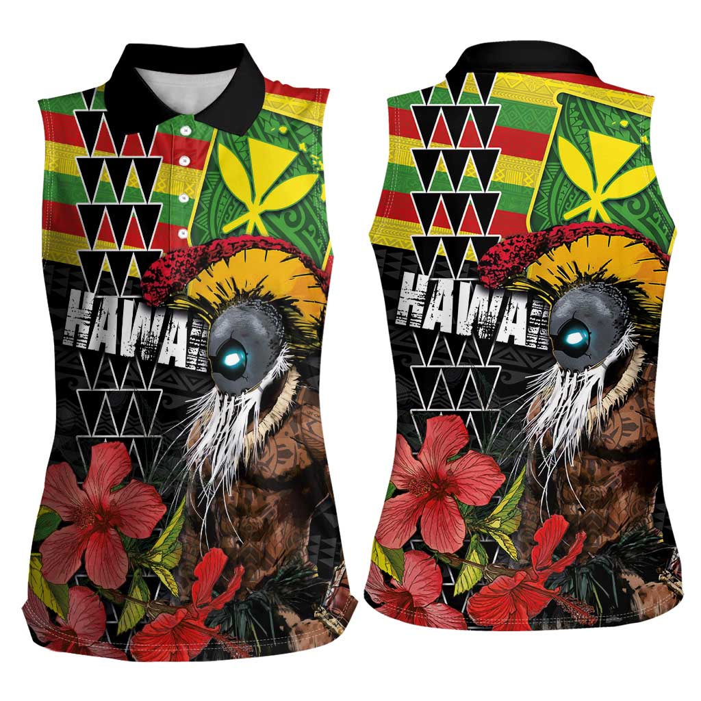 Kanaka Maoli Ikaika Warrior Women Sleeveless Polo Shirt Hibiscus Kakau Art and Tapa Tribal Pattern
