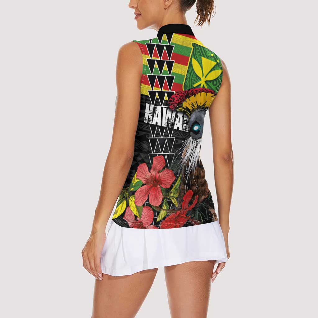 Kanaka Maoli Ikaika Warrior Women Sleeveless Polo Shirt Hibiscus Kakau Art and Tapa Tribal Pattern