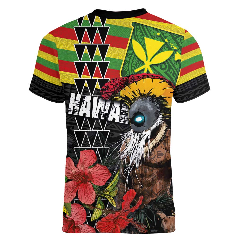 Kanaka Maoli Ikaika Warrior Women V-Neck T-Shirt Hibiscus Kakau Art and Tapa Tribal Pattern