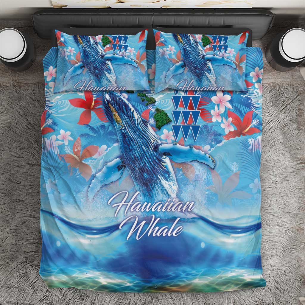 Hawaiian Waves Whale Bedding Set Kakau Art and Tropical Red Hibiscus Flowers