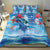 Hawaiian Waves Whale Bedding Set Kakau Art and Tropical Red Hibiscus Flowers