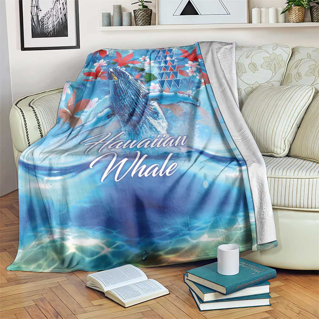 Hawaiian Waves Whale Blanket Kakau Art and Tropical Red Hibiscus Flowers