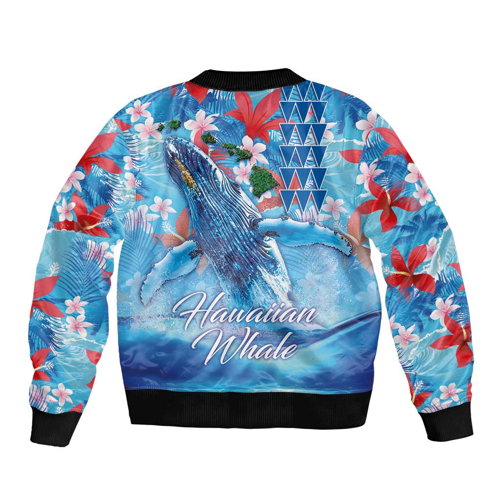Hawaiian Waves Whale Bomber Jacket Kakau Art and Tropical Red Hibiscus Flowers