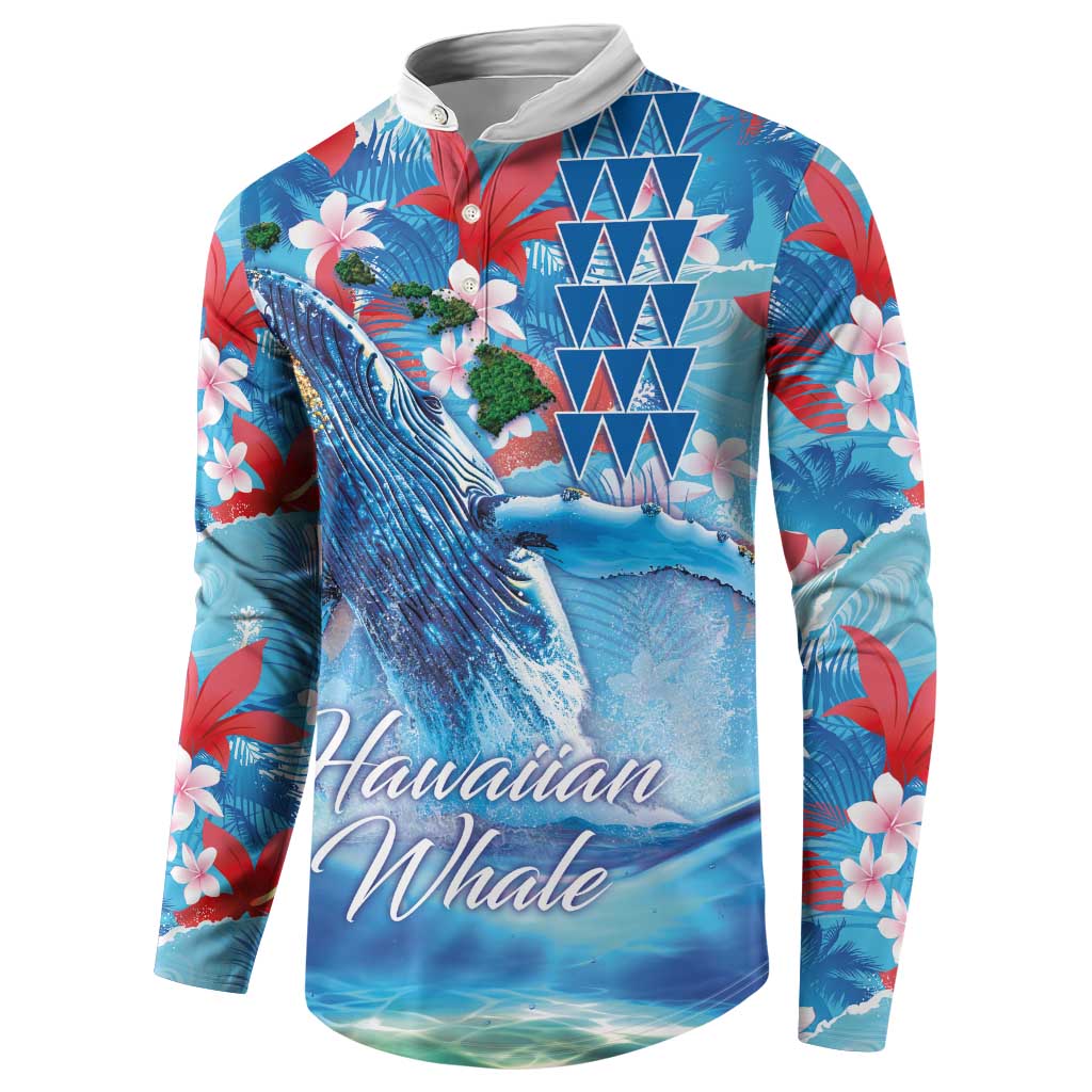 Hawaiian Waves Whale Button Sweatshirt Kakau Art and Tropical Red Hibiscus Flowers