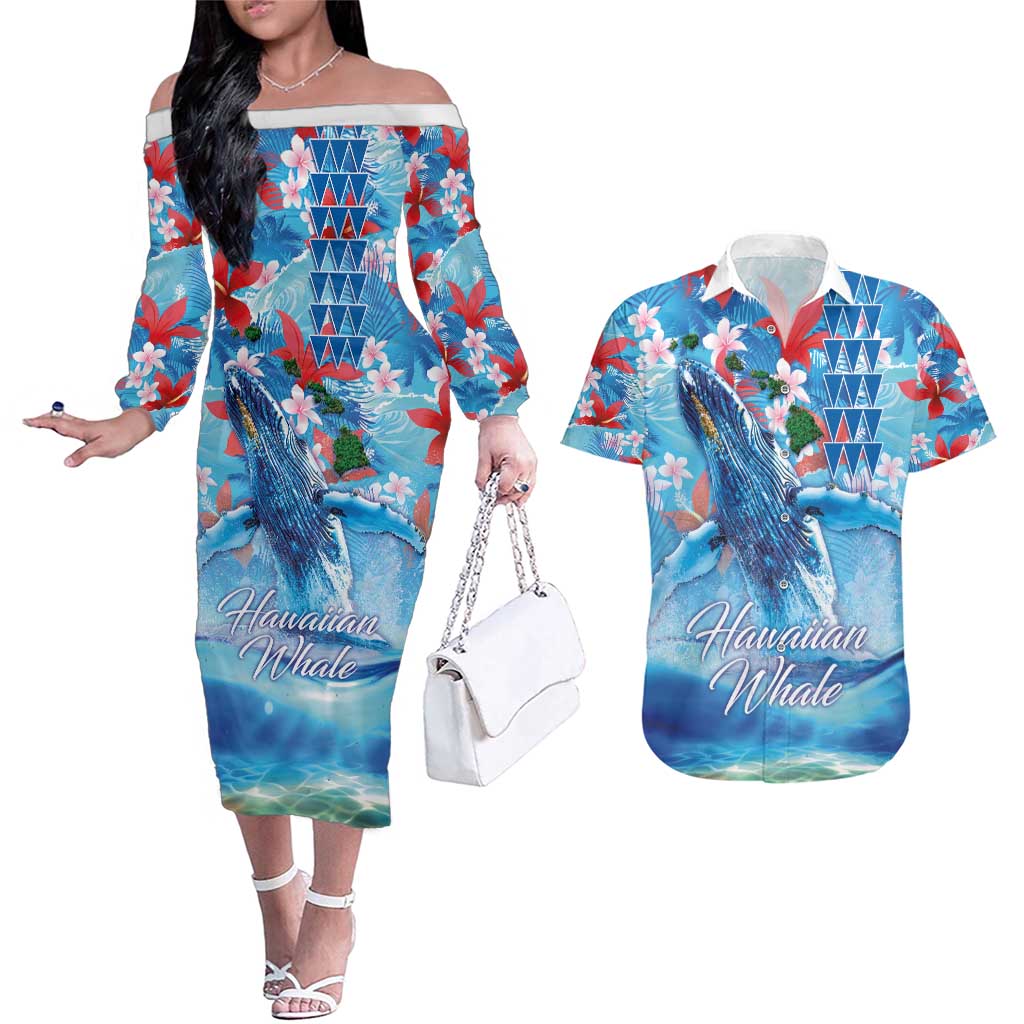 Hawaiian Waves Whale Couples Matching Off The Shoulder Long Sleeve Dress and Hawaiian Shirt Kakau Art and Tropical Red Hibiscus Flowers