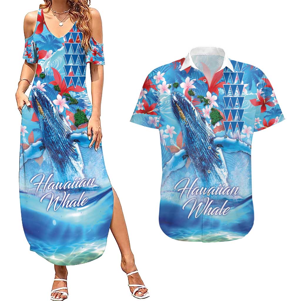 Hawaiian Waves Whale Couples Matching Summer Maxi Dress and Hawaiian Shirt Kakau Art and Tropical Red Hibiscus Flowers