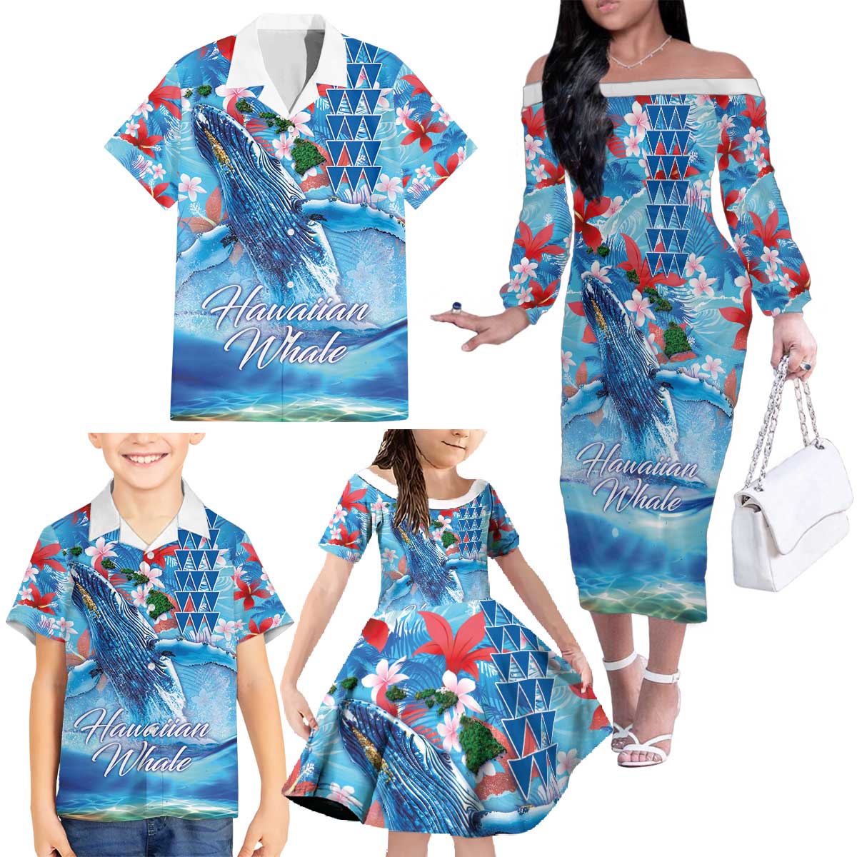 Hawaiian Waves Whale Family Matching Off The Shoulder Long Sleeve Dress and Hawaiian Shirt Kakau Art and Tropical Red Hibiscus Flowers