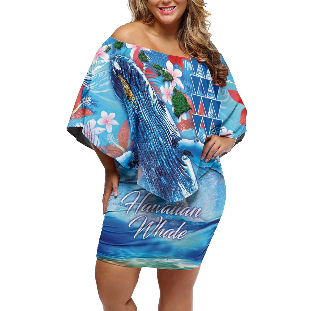 Hawaiian Waves Whale Family Matching Off Shoulder Short Dress and Hawaiian Shirt Kakau Art and Tropical Red Hibiscus Flowers