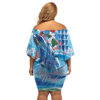 Hawaiian Waves Whale Family Matching Off Shoulder Short Dress and Hawaiian Shirt Kakau Art and Tropical Red Hibiscus Flowers