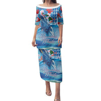 Hawaiian Waves Whale Family Matching Puletasi and Hawaiian Shirt Kakau Art and Tropical Red Hibiscus Flowers