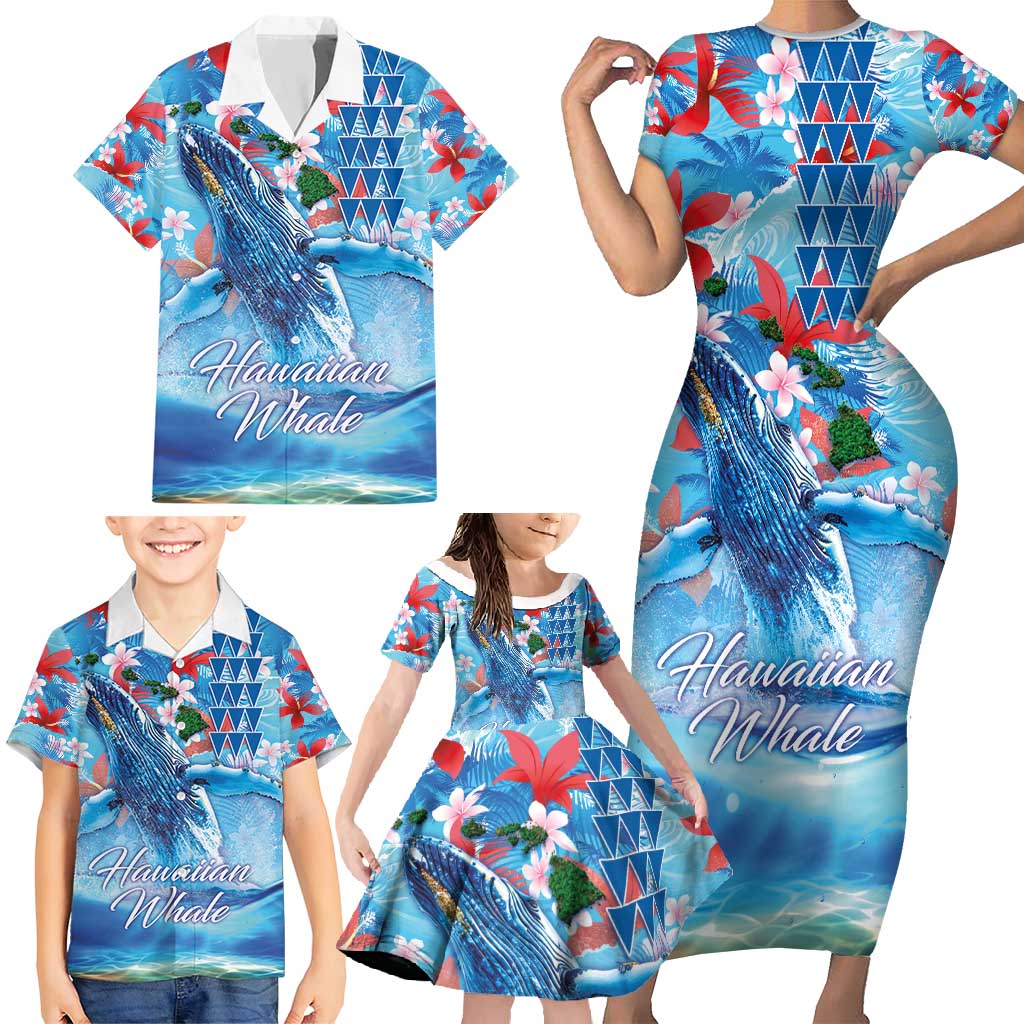 Hawaiian Waves Whale Family Matching Short Sleeve Bodycon Dress and Hawaiian Shirt Kakau Art and Tropical Red Hibiscus Flowers