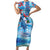 Hawaiian Waves Whale Family Matching Short Sleeve Bodycon Dress and Hawaiian Shirt Kakau Art and Tropical Red Hibiscus Flowers