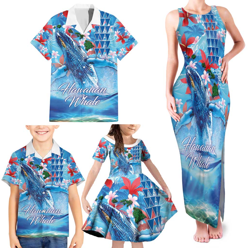 Hawaiian Waves Whale Family Matching Tank Maxi Dress and Hawaiian Shirt Kakau Art and Tropical Red Hibiscus Flowers
