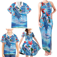 Hawaiian Waves Whale Family Matching Tank Maxi Dress and Hawaiian Shirt Kakau Art and Tropical Red Hibiscus Flowers