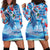 Hawaiian Waves Whale Hoodie Dress Kakau Art and Tropical Red Hibiscus Flowers