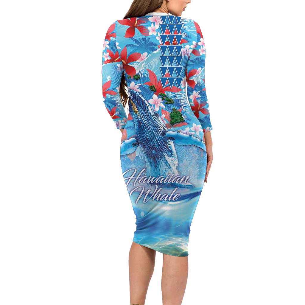 Hawaiian Waves Whale Long Sleeve Bodycon Dress Kakau Art and Tropical Red Hibiscus Flowers