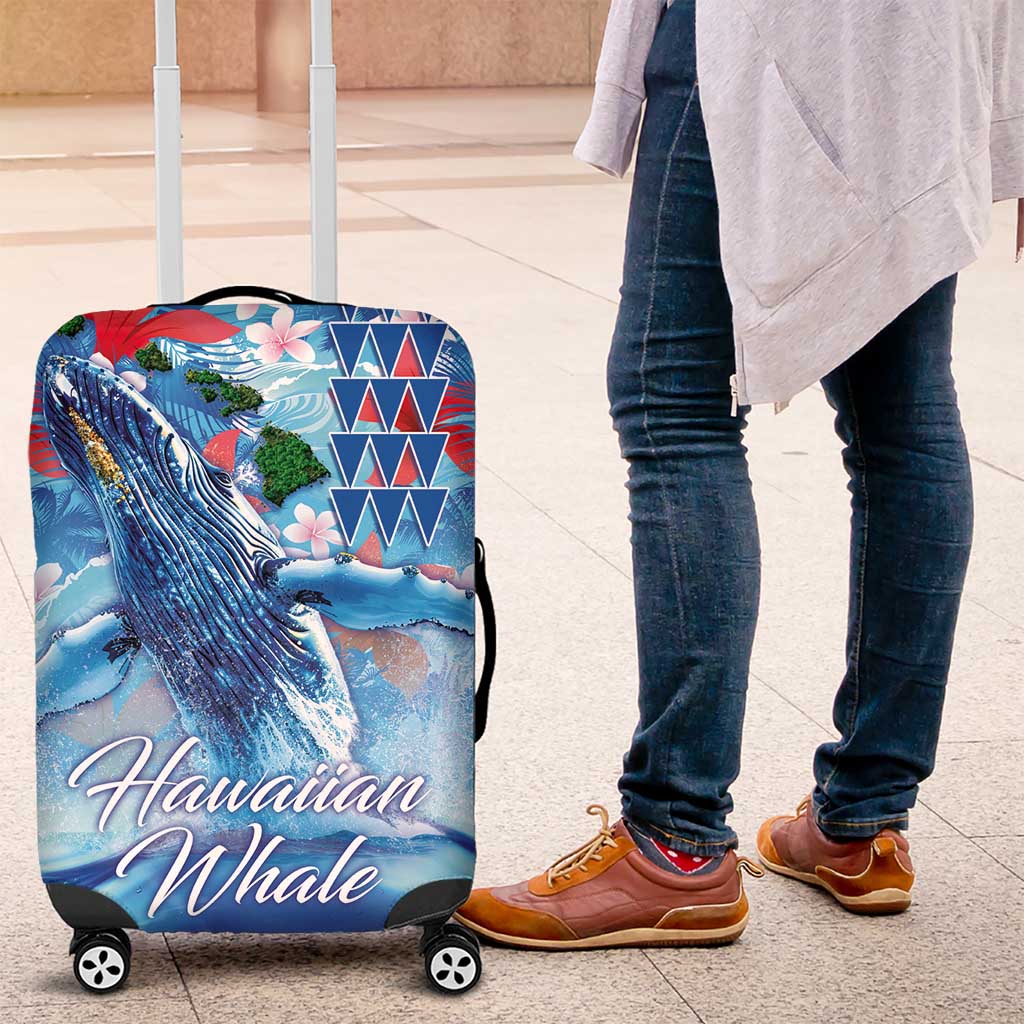 Hawaiian Waves Whale Luggage Cover Kakau Art and Tropical Red Hibiscus Flowers